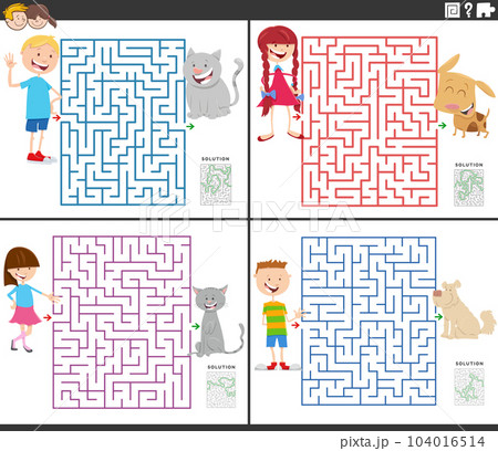 maze activities set with cartoon children ant their pets 104016514