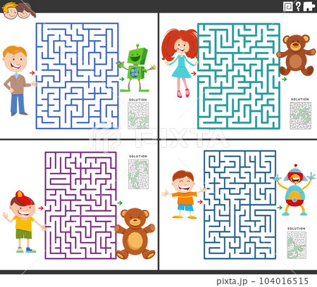 maze activity games set with cartoon kids ant their toys 104016515