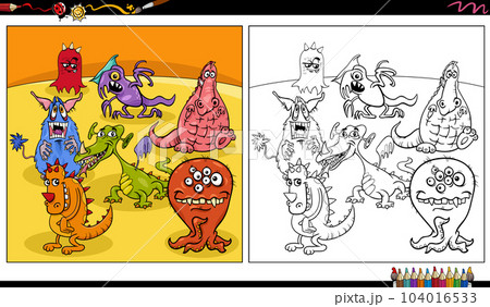 funny comic monsters or aliens characters group coloring page funny comic monsters or aliens characters group coloring page 104016533