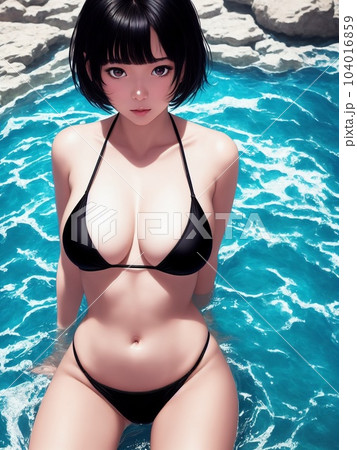 海で黒いビキニを着た美少女 104016859