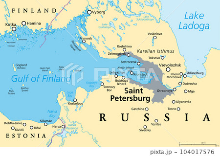 Saint Petersburg area, political map. Second-largest city in Russia, formerly known as Petrograd and later Leningrad. Situated on the Neva River, at the head of the Gulf of Finland on the Baltic Sea. 104017576