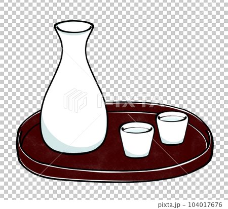 Illustration of sake bottle and sake cup on tray Illustration of sake bottle and sake cup on tray 104017676