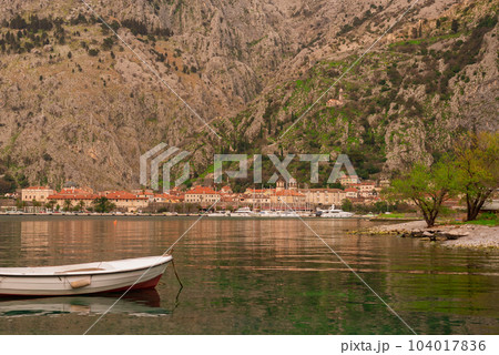 Boat in the Bay of Kotor one of the most beautiful places of the Adriatic Sea 104017836