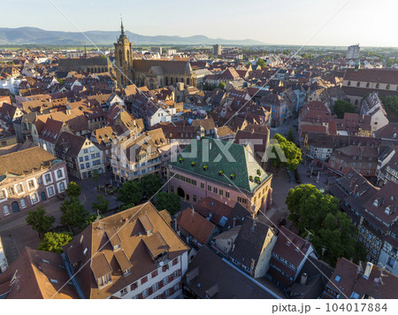 Aerial Drone Shot of the city of Colmar in Alsace France. Quiet streets at sunny Morning. 104017884