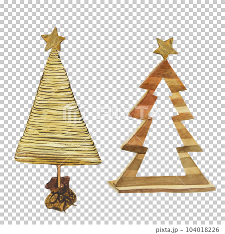 Brown and yellow modern watercolor eco Christmas trees made of wooden planks, isolated on white background. New Year's vintage toy for the Christmas tree. Christmas tree eco friendly decor. 104018226