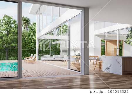 Modern style white house interior with wooden swimming pool terrace 3d render Modern style white house interior with wooden swimming pool terrace 3d render 104018323