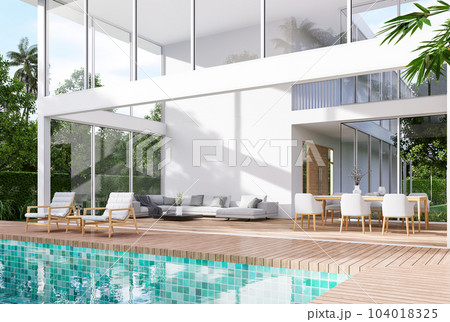 Exterior of Minimal style modern white house with wooden terrace and blue tile swimming pool 3d render Exterior of Minimal style modern white house with wooden terrace and blue tile swimming pool 3d render 104018325