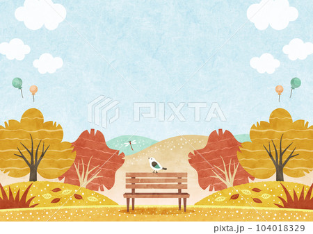 秋の紅葉と公園のベンチにとまる小鳥 自然の水彩背景イラスト 104018329
