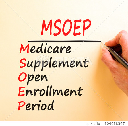MSOEP symbol. Concept words MSOEP medicare supplement open enrollment period on white paper. Beautiful brown background. Medical MSOEP medicare supplement open enrollment period concept. Copy space. 104018367