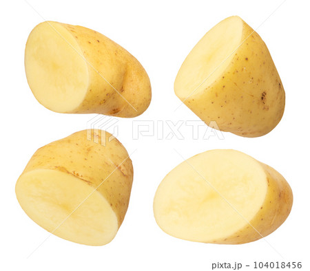 Raw vegetables. Potato with peel and leftover ground isolated on white background. The concept of obesity from potatoes. To be inserted into a design or project. 104018456