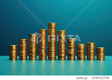Stacks of coins of different heights depict a financial chart. Bank and finance. Investment, profit or gain. Selling money or treasury. Blue background with reflection. Copy space. Stacks of coins of different heights depict a financial chart. Bank and finance. Investment, profit or gain. Selling money or treasury. Blue background with reflection. Copy space. 104018788