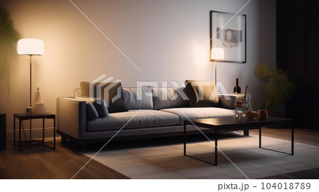 Interior of modern cozy living room. Stylish sofa with pillows, coffee table, plant in a floor pot, posters on the wall, carpet on a wooden floor, floor lamp, modern home decor. Interior of modern cozy living room. Stylish sofa with pillows, coffee table, plant in a floor pot, posters on the wall, carpet on a wooden floor, floor lamp, modern home decor. 104018789