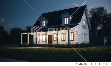 Classic American suburban modern farmhouse. Two story, white siding walls, dark shingle roof, spacious porch, neatly trimmed lawn, evening lighting. 3D rendering. Classic American suburban modern farmhouse. Two story, white siding walls, dark shingle roof, spacious porch, neatly trimmed lawn, evening lighting. 3D rendering. 104018790