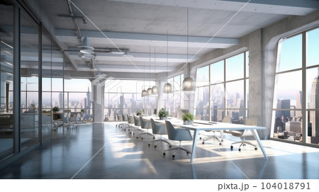 Hi-tech open space office in a modern urban building. Concrete floor, large white tables, comfortable chairs, desktop computers, plants in floor pots, floor-to-ceiling windows with city view. 104018791