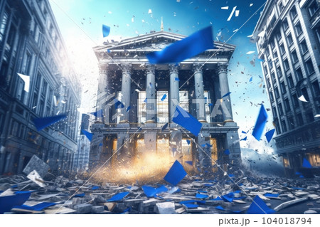 The building of the European bank is collapsing, the flag of the European Union is disintegrating. Bank bankruptcy. Banking crisis, falling stocks. The collapse of the financial system. 3D rendering. 104018794