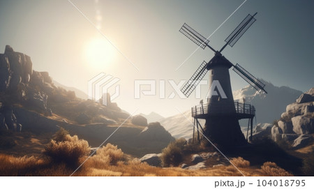 A traditional old stone mill on a hillside against the backdrop of beautiful mountains and a vibrant sunset sky. European historical landscape, romance and beauty of nature. 104018795