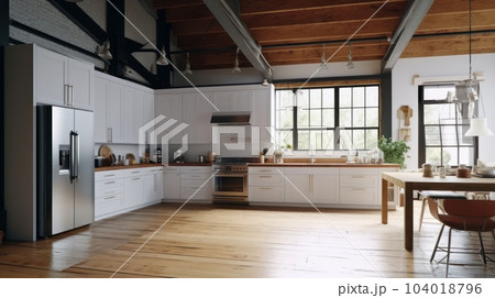 Spacious loft style kitchen with dining area. White facades, large wooden table, modern kitchen appliances, wooden floor, wooden ceiling with beams, green plants, panoramic windows. 104018796