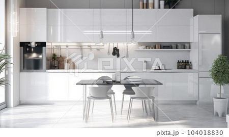 Front view on bright kitchen room interior with white fasades, dining table with armchairs, plants in floor pots, panoramic window, modern kitchen appliances. Concept of minimalist design. 104018830