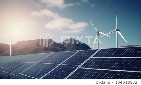 Solar energy panels photovoltaic cells and wind turbines with backdrop of nature landscape, mountains and blue sky. Production of renewable green energy. Sustainable development concept. Solar energy panels photovoltaic cells and wind turbines with backdrop of nature landscape, mountains and blue sky. Production of renewable green energy. Sustainable development concept. 104018832