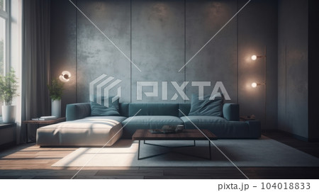 Interior of modern cozy living room. Stylish corner sofa with pillows, coffee table, plants in pots, floor lamps, carpet on a wooden floor, large window, modern home decor. Interior of modern cozy living room. Stylish corner sofa with pillows, coffee table, plants in pots, floor lamps, carpet on a wooden floor, large window, modern home decor. 104018833