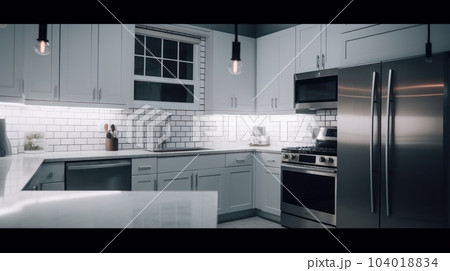 Modern white Scandinavian style kitchen in a city apartment or country house. White fasades, imitation brick wall made of white tiles, modern stainless steel kitchen appliances. Comfortable workspace. 104018834