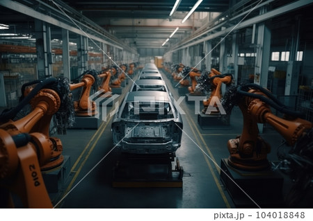 Robotic conveyor line for car assembly. Modern workshop with automated equipment. Mechanical assembly of car bodies. Automated production of cars at the factory, complete replacement for manual labor. 104018848