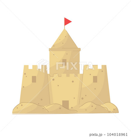 Cartoon style sand castle with red flag. 104018961