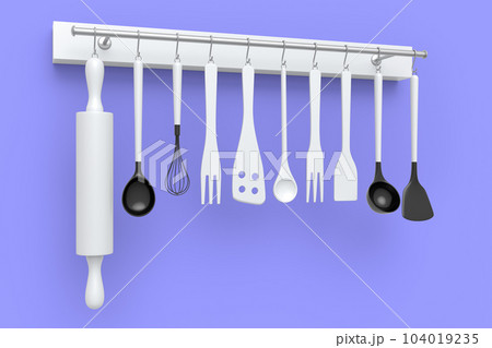Set of kitchen utensil for preparation of dough hanging on shelf on violet Set of kitchen utensil for preparation of dough hanging on shelf on violet 104019235