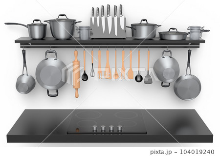 Set of kitchen utensil, stewpot, frying pan and chrome cookware hanging on shelf 104019240