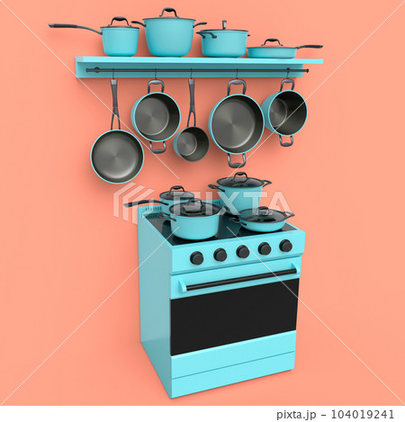 Set of kitchen utensil, stewpot, frying pan and chrome cookware hanging on shelf Set of kitchen utensil, stewpot, frying pan and chrome cookware hanging on shelf 104019241