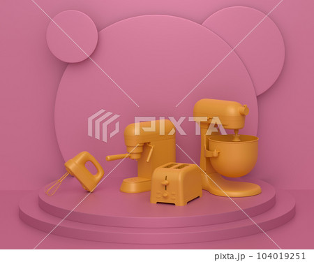Abstract scene or podium with kitchen appliances and utensils on monochrome. 104019251