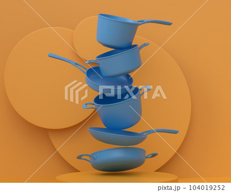 Abstract scene or podium with stewpot and frying pans on monochrome. 104019252