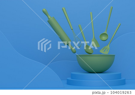 Abstract scene or podium with bowl and kitchen utensil on monochrome. Abstract scene or podium with bowl and kitchen utensil on monochrome. 104019263