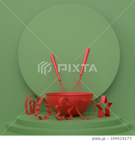 Abstract scene or podium with bowl and kitchen utensil on monochrome. 104019273