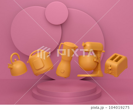 Abstract scene or podium with kitchen appliances and utensils on monochrome. 104019275