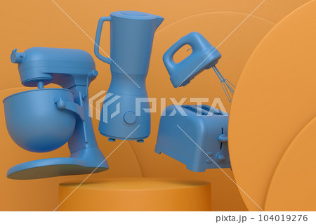 Abstract scene or podium with kitchen appliances and utensils on monochrome. 104019276