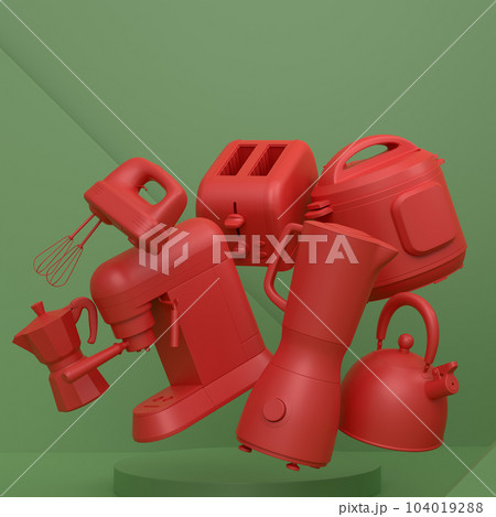 Abstract scene or podium with kitchen appliances and utensils on monochrome. 104019288