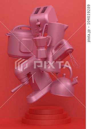 Abstract scene or podium with kitchen appliances and utensils on monochrome. 104019289