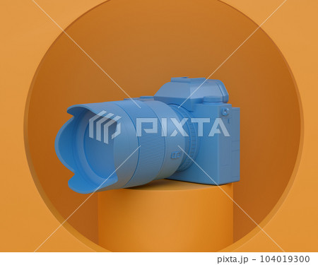 Abstract scene or podium with nonexistent DSLR camera and lens on monochrome 104019300