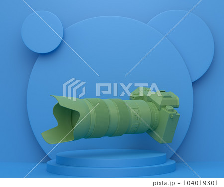 Abstract scene or podium with nonexistent DSLR camera and lens on monochrome 104019301