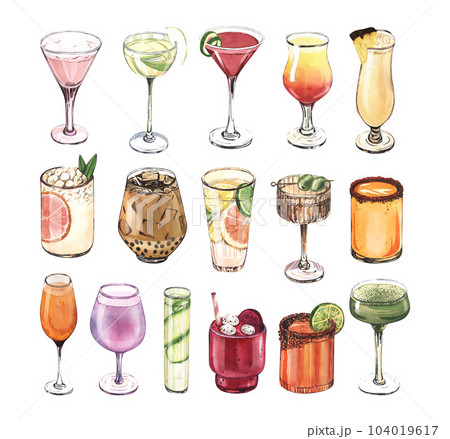 Watercolor cocktail glasses set: martini, gin, wine, margarita, goblet, liquor, rum. Hand-drawn illustration isolated on white background. Perfect for recipe lists with alcoholic drinks, for cafe 104019617