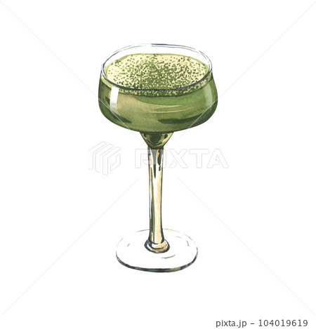 Watercolor green matcha martini, mixed with ice cube in latte glass. Hand-drawn illustration isolated on white background. Perfect for recipe lists with alcoholic drinks, brochures for cafe, bar Watercolor green matcha martini, mixed with ice cube in latte glass. Hand-drawn illustration isolated on white background. Perfect for recipe lists with alcoholic drinks, brochures for cafe, bar 104019619