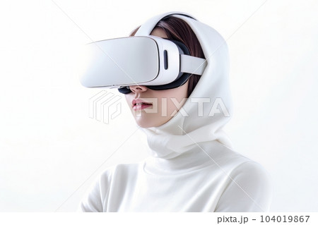 Beautiful cyber woman face in virtual reality glasses isolated on white background AI Beautiful cyber woman face in virtual reality glasses isolated on white background AI 104019867