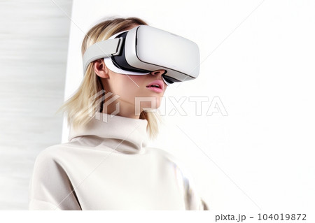 Beautiful cyber woman face in virtual reality glasses isolated on white background AI Beautiful cyber woman face in virtual reality glasses isolated on white background AI 104019872