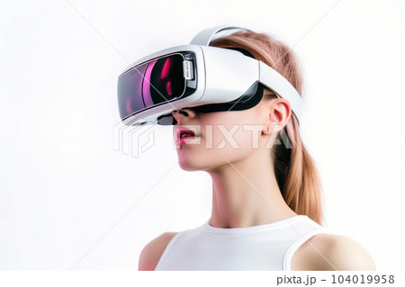 Beautiful cyber woman face in virtual reality glasses isolated on white background AI 104019958