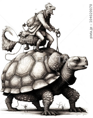 Ink drawing of a man riding a turtle. AI generated, AI generative, AI generativ. 104020070