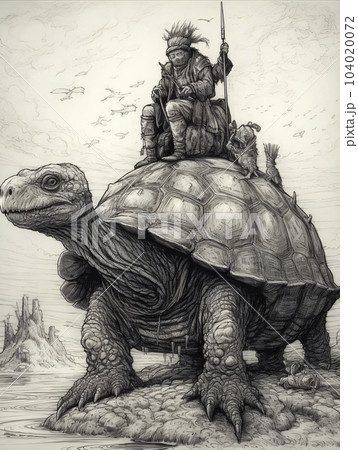Ink drawing of a man riding a turtle. AI generated, AI generative, AI generativ. 104020072