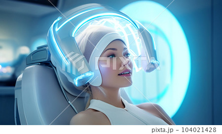 Patient at the dentist's appointment sitting in the dental chair, dental treatment, futuristic style Patient at the dentist's appointment sitting in the dental chair, dental treatment, futuristic style 104021428