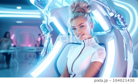 Patient at the dentist's appointment sitting in the dental chair, dental treatment, futuristic style Patient at the dentist's appointment sitting in the dental chair, dental treatment, futuristic style 104021430