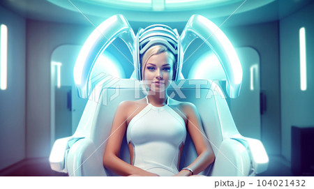 Patient at the dentist's appointment sitting in the dental chair, dental treatment, futuristic style Patient at the dentist's appointment sitting in the dental chair, dental treatment, futuristic style 104021432